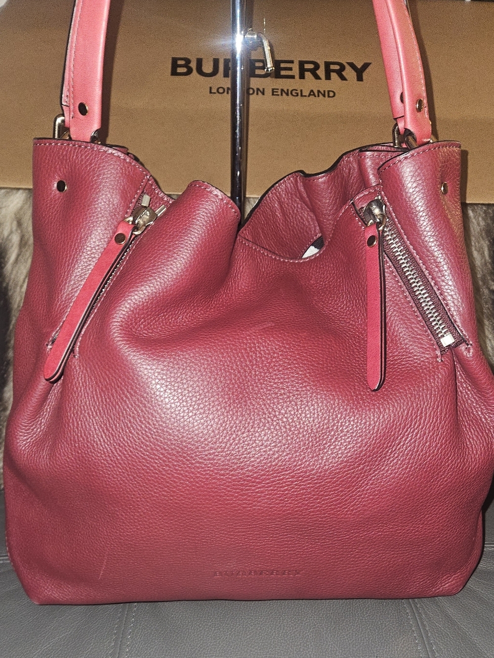 Burberry Burgundy Leather Large Check Tote W/ Wallet